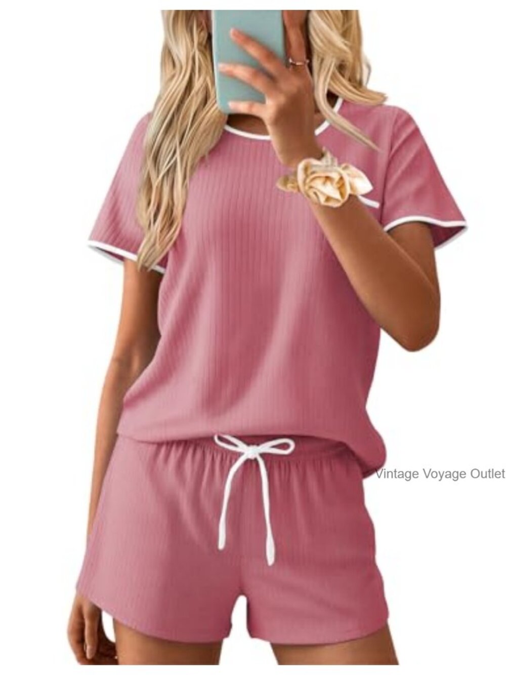 Ribbed Knit Pajama Set Short Sleeve Top & Drawstring Shorts Lounge